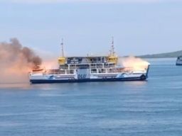 KMP Dharma Rucita Tampak Terbakar di Perairan Selat Bali