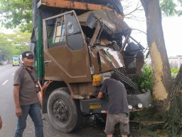 Truk Tronton Tiba-tiba Tabrak Pohon di Lamongan, Sopir Pun Bingung