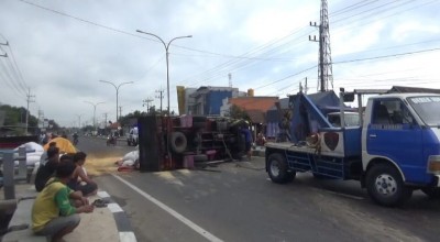 Truk Muatan Pakan Benur Terguling di Jombang karena Hindari Kucing