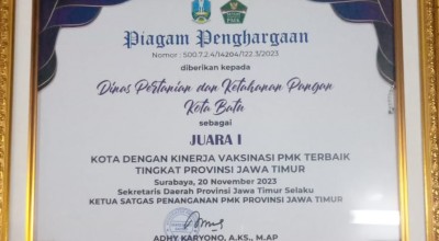 Pemkot Terima Penghargaan Kota Batu Raih Juara I Kinerja Vaksin PMK se-Jatim
