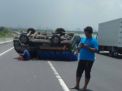 Pikap Bermuatan Jeruk Nipis Terbalik di Tol Romokalisari Gresik