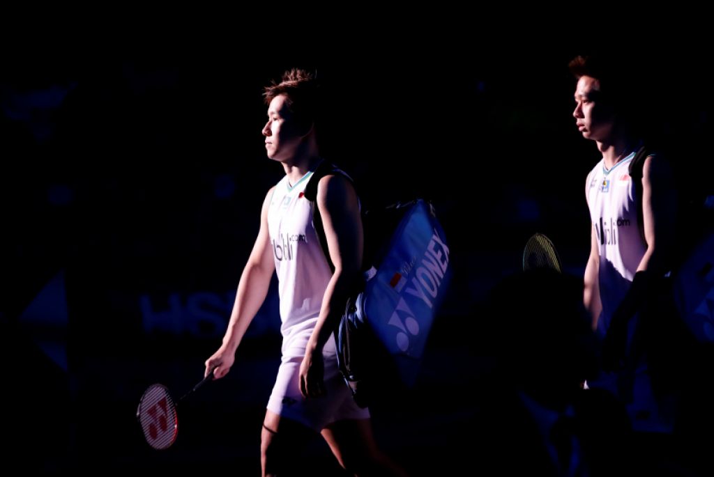 Marcus Fernaldi Gideon dan Kevin Sanjaya Sukamuljo sempat bermain dan menang pada babak pertama All England 2021 (Foto: Action Images via Reuters/Andrew Boyers via Republika)
