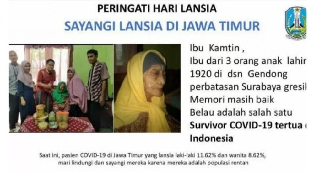 Kamtin, nenek berumur 100 tahun asal Surabaya yang sembuh dari Covid-19 (Foto: Istimewa)