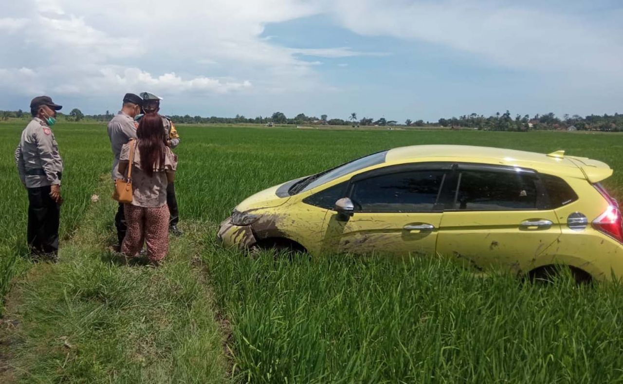 Penampakan mobil Honda Jazz yang terparkir di persawahan Banyuwangi