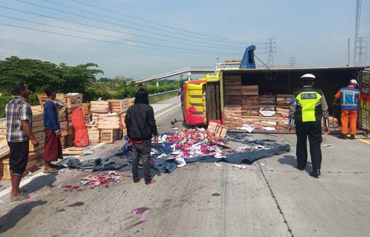 Truk muat buah naga terguling di tengah Jalan Tol Gempas (foto-foto: istimewa)