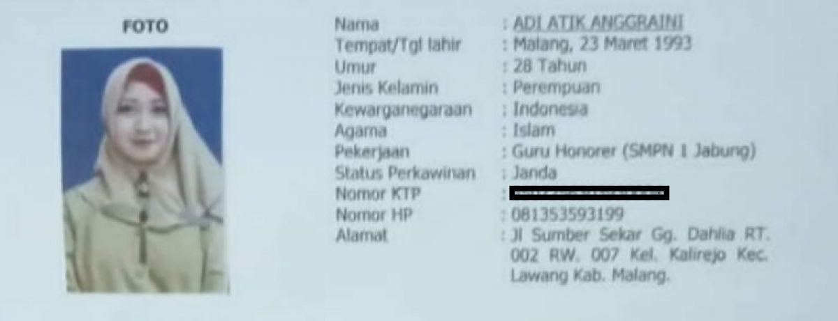 Biodata janda cantik asal Malang yang hilang. (Foto: Dok. pribadi for jatimnow.com)