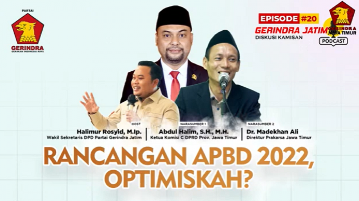 DPD Gerindra Jawa Timur menggelar kegiatan rutin Diskusi Kamisan, yang kali ini bertajuk "Rancangan RAPBD 2022, Pentingkah?". (Foto: Tangkapan layar kanal YouTube Gerindra Jatim)