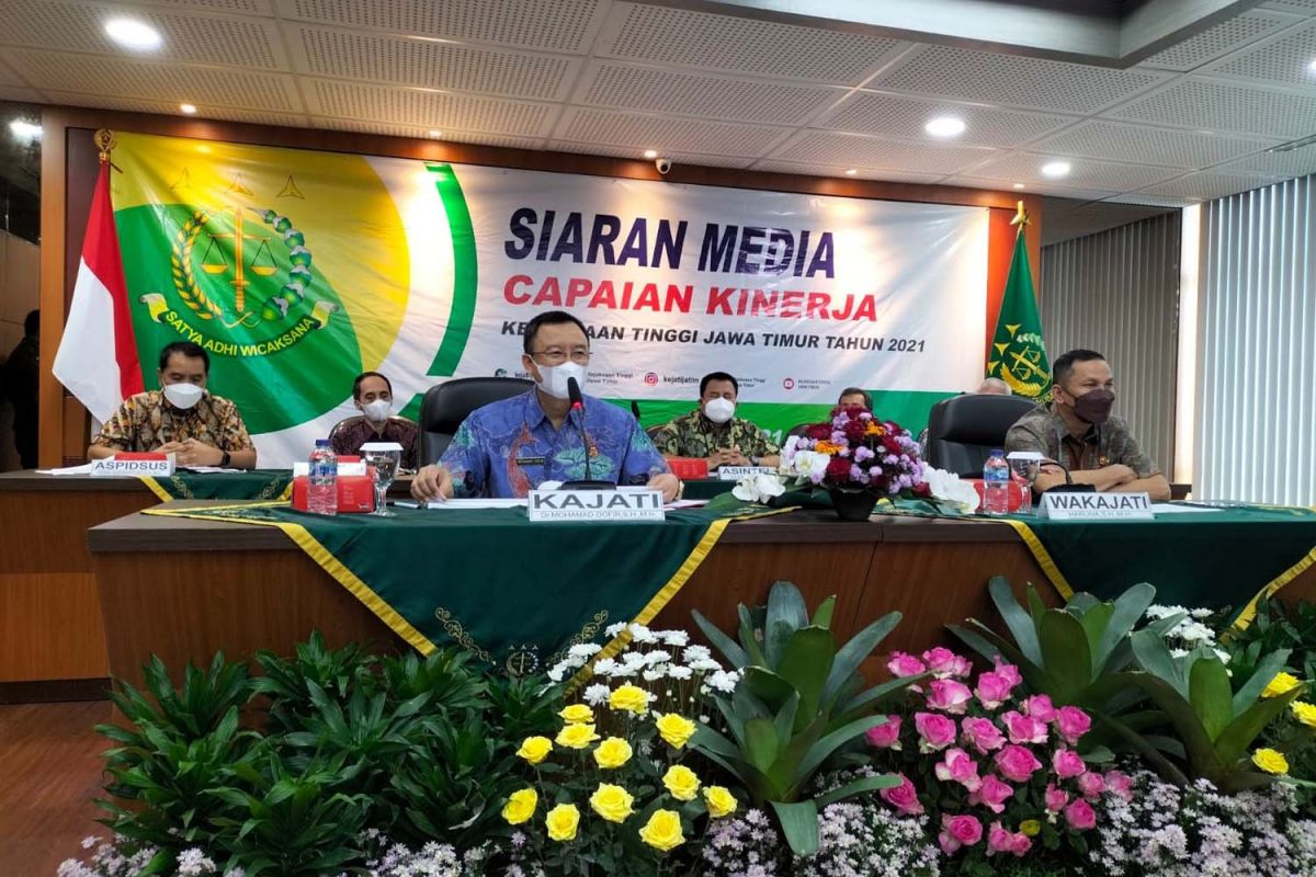 Kepala Kejaksaan Tinggi Jatim, M Dhofir saat memimpin rilis capaian kinerja selama 2021