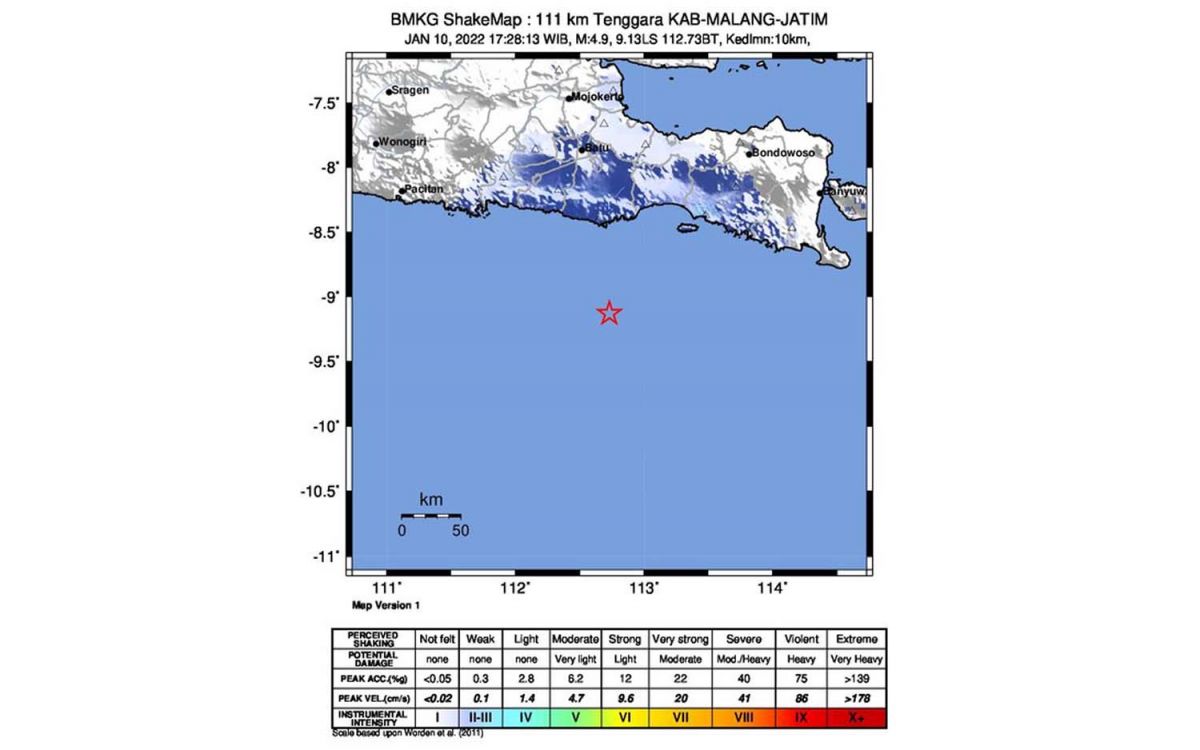 Gempa M 4,9 Goyang Perairan Malang, Sejumlah Wilayah di Jatim Bergetar