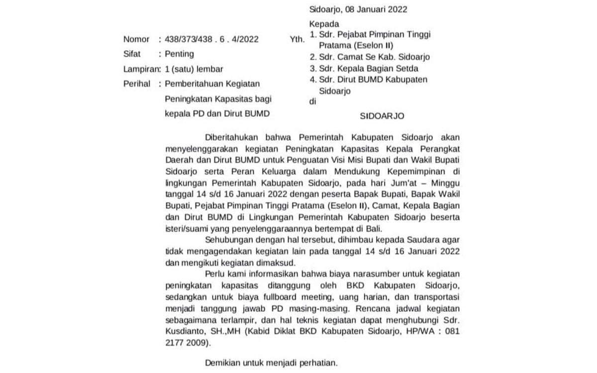 Surat pejabat di Pemkab Sidoarjo gelar diklat ke Bali yang beredar (Foto: Grup WhatsApp)