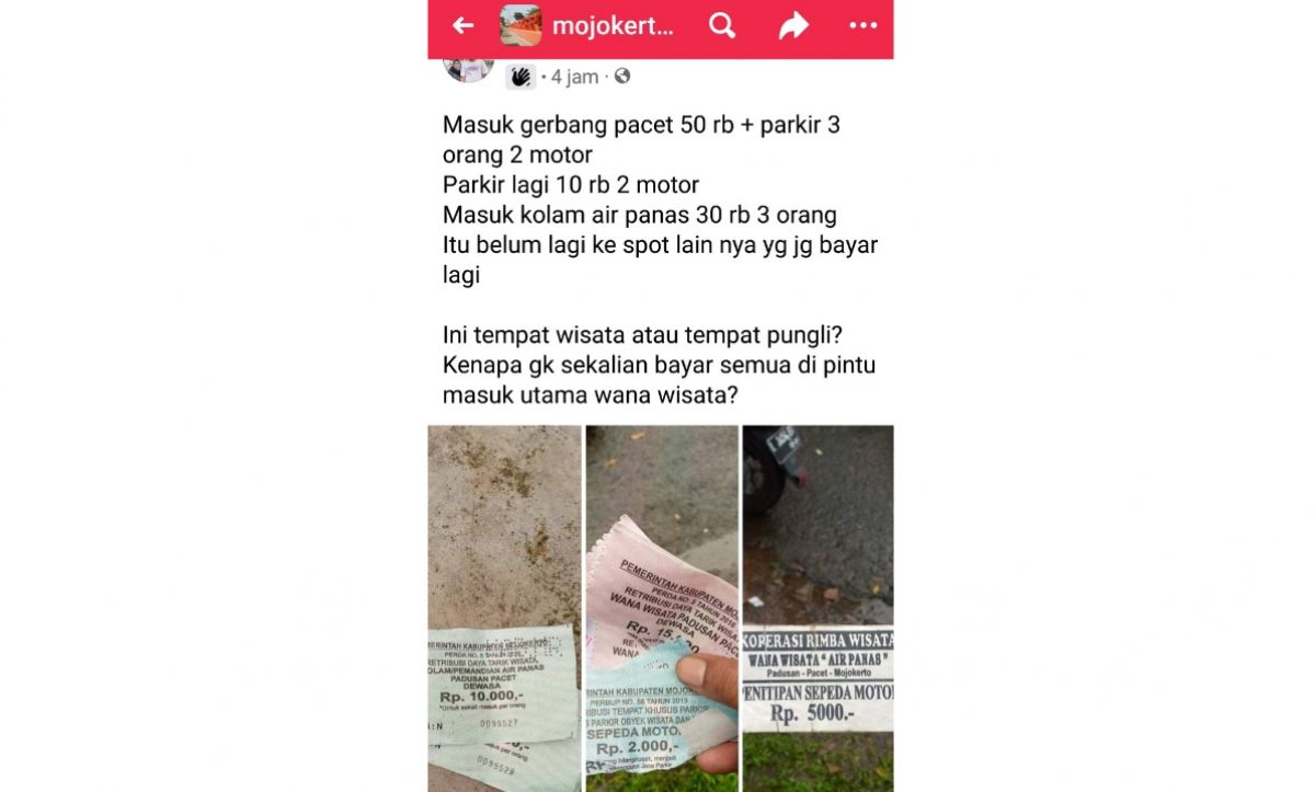 Postingan di Facebook terkait tiket parkir dan karcis masuk wisata Pacet. (Foto: tangkapan layar/jatimnow.com)