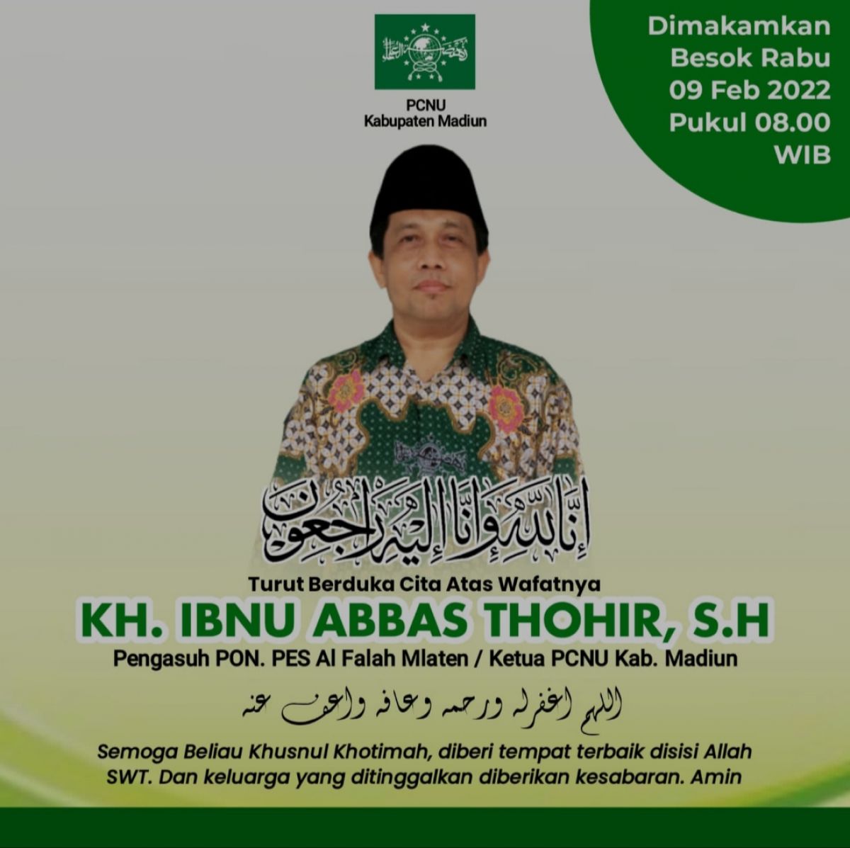 Tangkapan layar ucapan belasungkawa wafatnya Ketua Pengurus Cabang Nahdlatul Ulama (PCNU) Kabupaten Madiun, KH Ibnu Abbas Thohir.