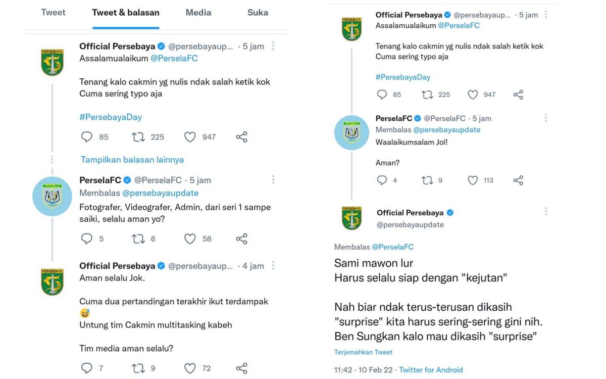 Akun Persebaya dan Persela saling sapa jelang pertandingan (Foto: Tangkapan layar Twitter)