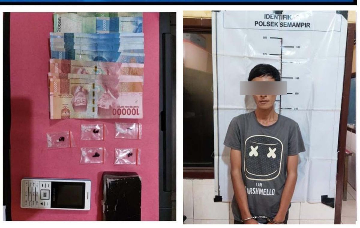 Kolase pengedar narkoba pemula dan barang bukti sabu diamankan di Mapolsek Semampir, Surabaya