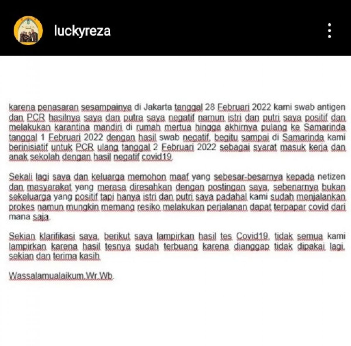 Tangkapan layar permintaan maaf akun @luckyreza.