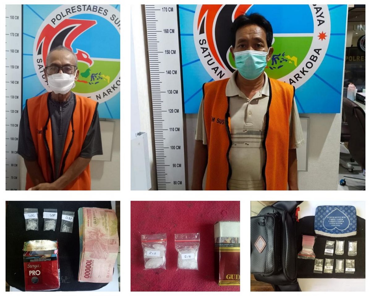 Dua bandar Narkoba pria lanjut usia dan barang buktinya. (Foto: Satnarkoba Polrestabes Surabaya/jatimnow.com)