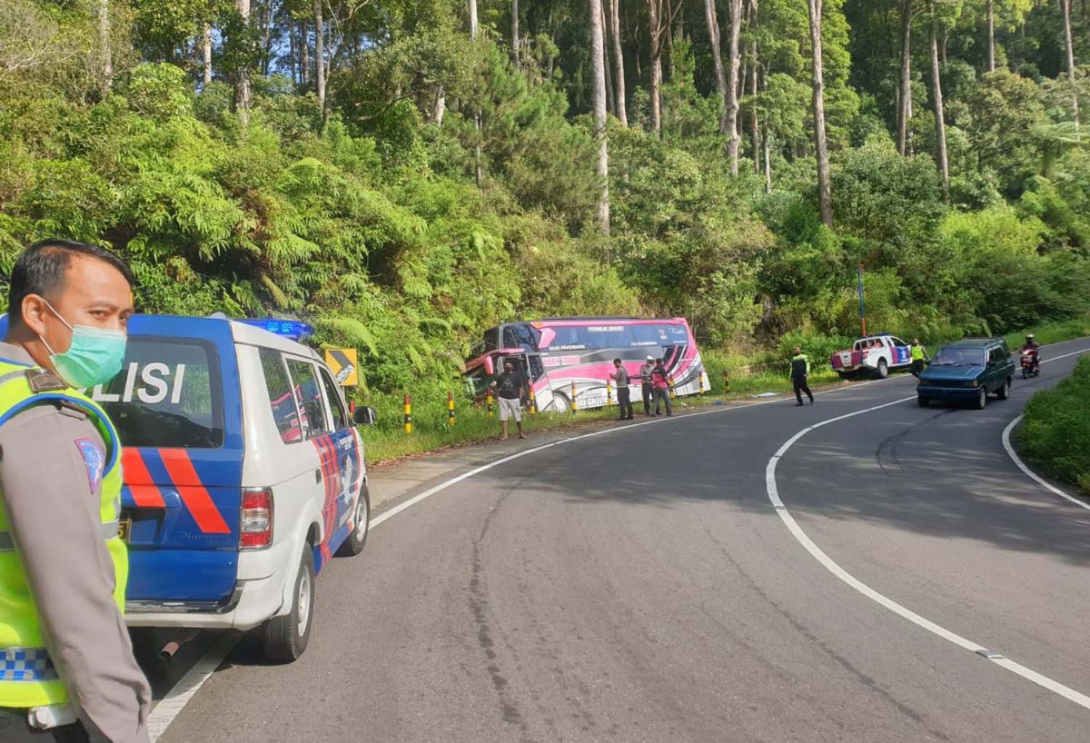 Bus pariwisata asal Demak tabrak tebing di Megatan (Foto: Sie Humas Polres Magetan/jatimnow.com)