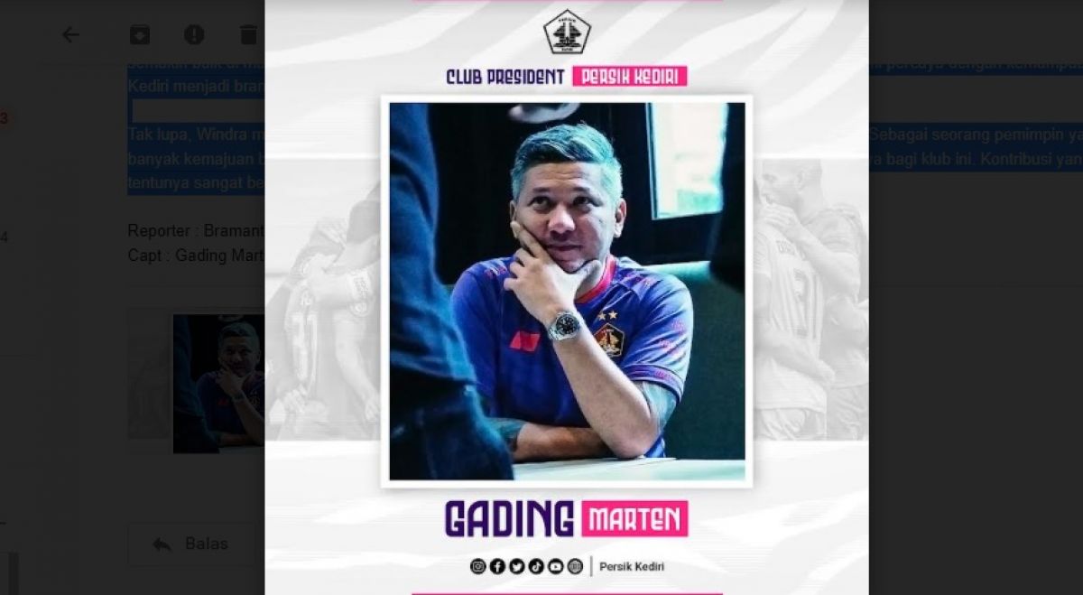 Gading Martin saat diumumkan sebagai Presiden Klub Persik Kediri. (Foto: IG@persikfcofficial)