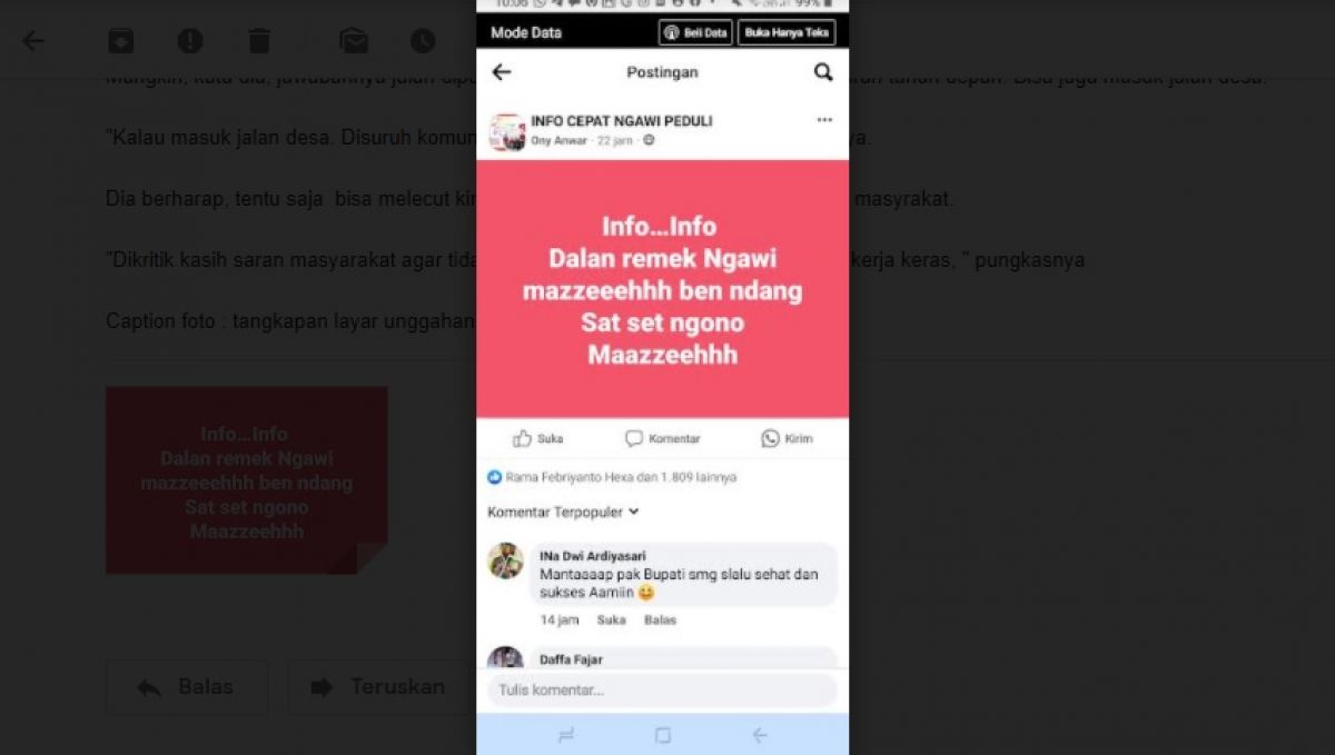 Tangkapan layar unggahan Bupati Ngawi Ony Anwar.(Foto: Facebook)