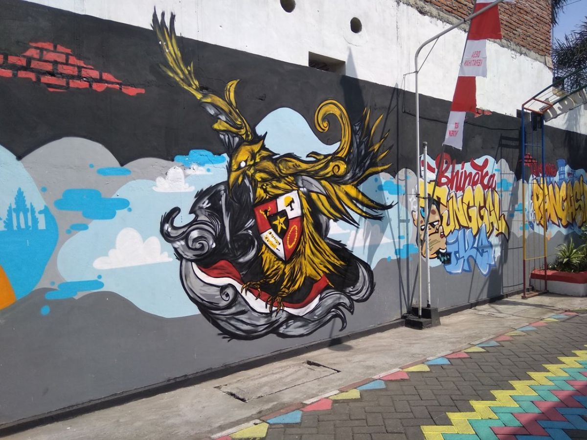 Mural Pancasila yang ada di jalanan kampung Desa Kepatihan Jombang.(Foto: Elok Aprianto)