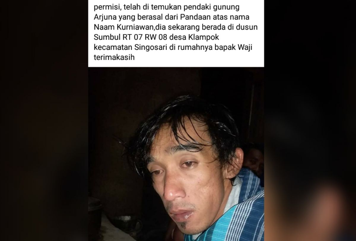 Postingan di Facebook yang menginformasikan pendaki hilang di Gunung Arjuno telah ditemukan. (Foto: Tangkapan layar Facebook Indi/jatimnow.com)