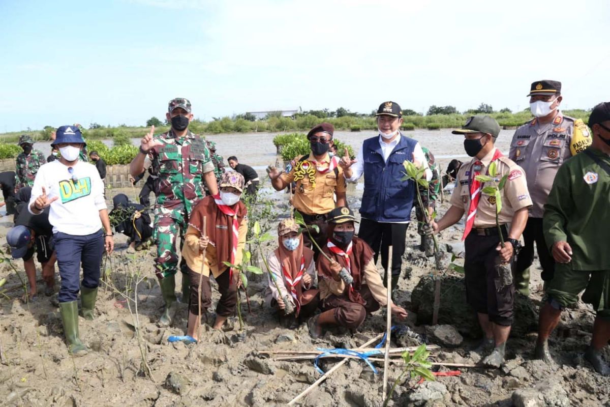 Bupati Lamongan Yuhronur Efendi didampingi Dandim 0812 Lamongan Letkol Kav Endi Yusuf saat penanaman pohon mangrove di Pantai Desa Sedayulawas (Foto: Humas Kodim Lamongan for jatimnow.com)