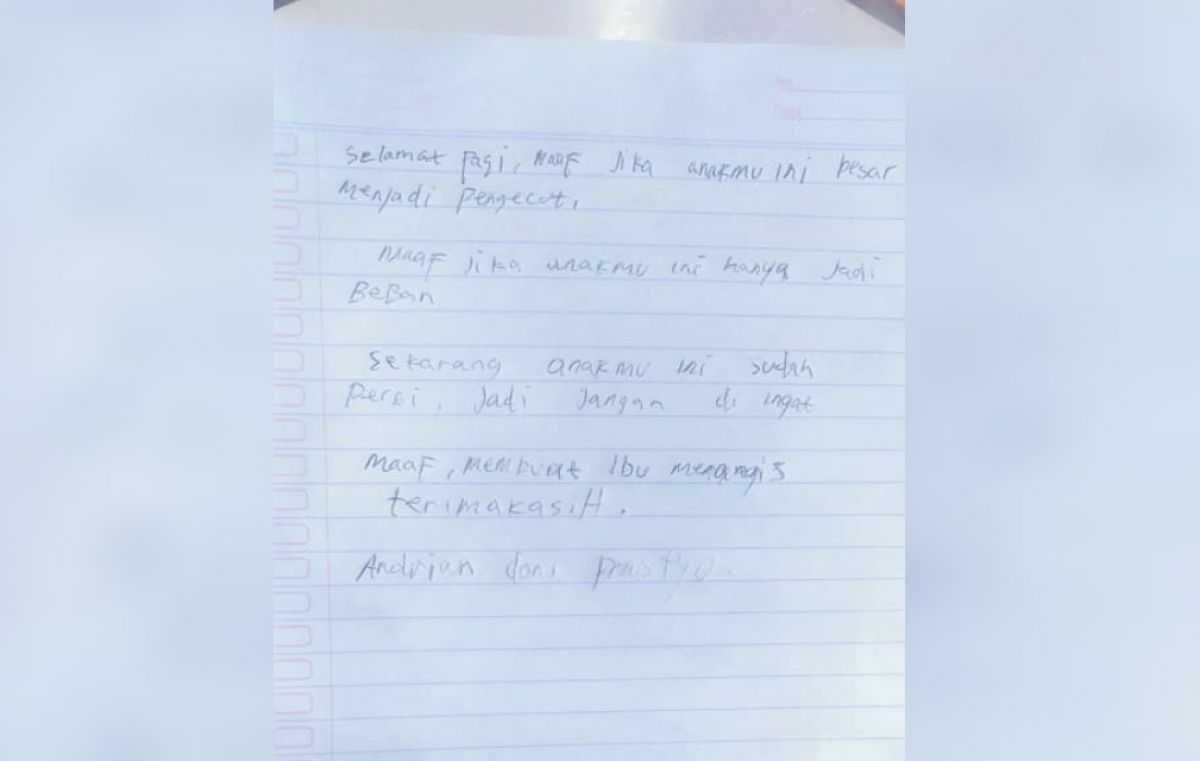Surat wasiat yang ditinggalkan ADP sebelum tewas gantung diri. (Foto: Polsek Wonoayu/jatimnow.com)