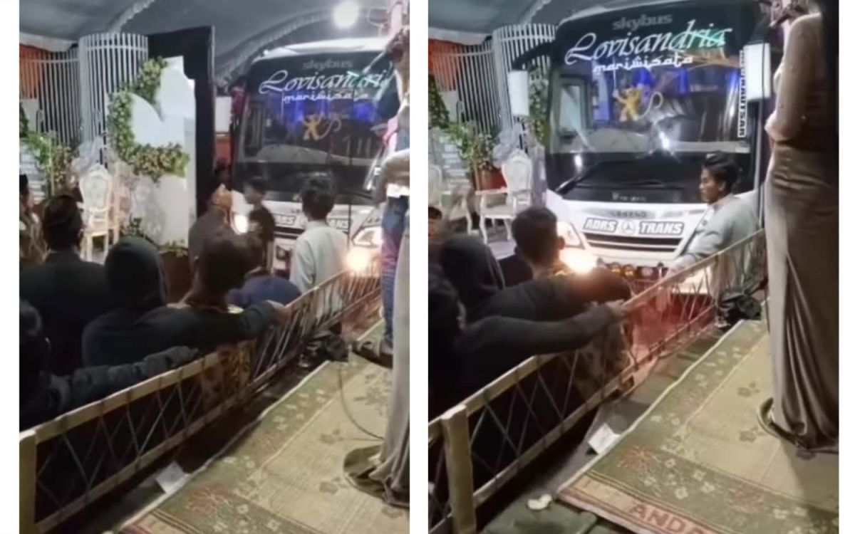 Tangkapan layar bus terobos tenda hajatan warga di Magetan (Foto: Tangkapan layar video akun Instagram @magetanviral)