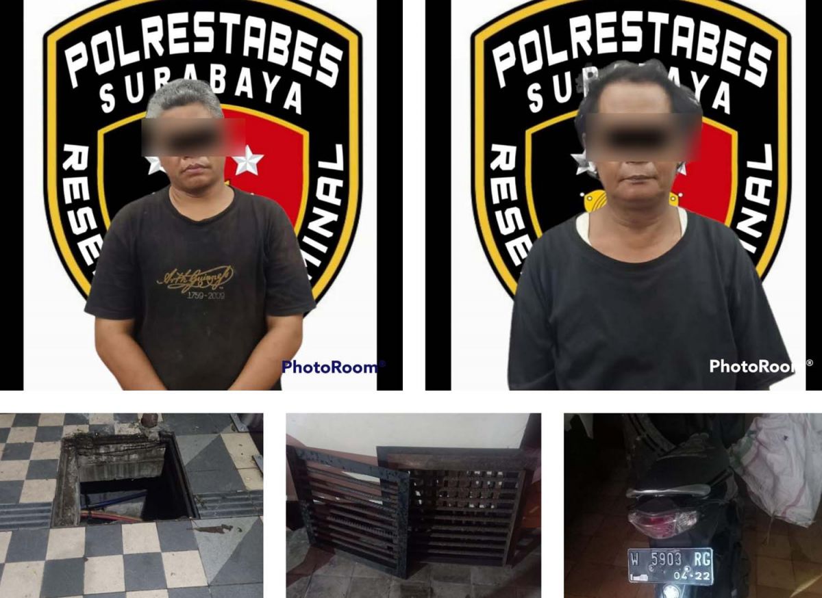 Kolase dua pelaku dan besi grill yang mereka curi (Foto: Satreskrim Polrestabes Surabaya)