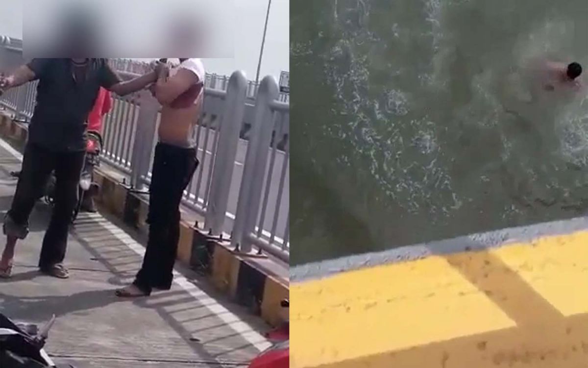 Kolase terduga pencuri motor saat diamankan pemotor dan terduga menceburkan diri ke laut (Foto: Tangkapan layar video yang beredar)