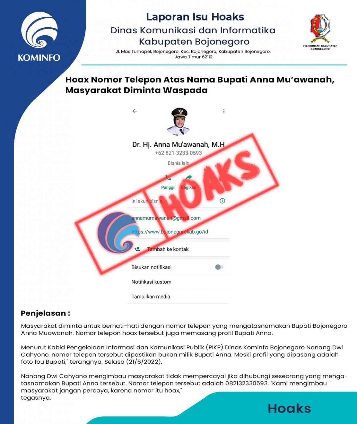 Waspada! WhatsApp Palsu Bupati Bojonegoro Bergentayangan