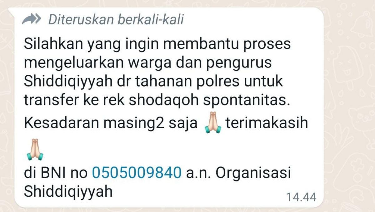 Pesan yang beredar untuk penggalangan dana para tersangka yang diamankan polisi. (Foto: tangkapan layar dari group WhatsApp)