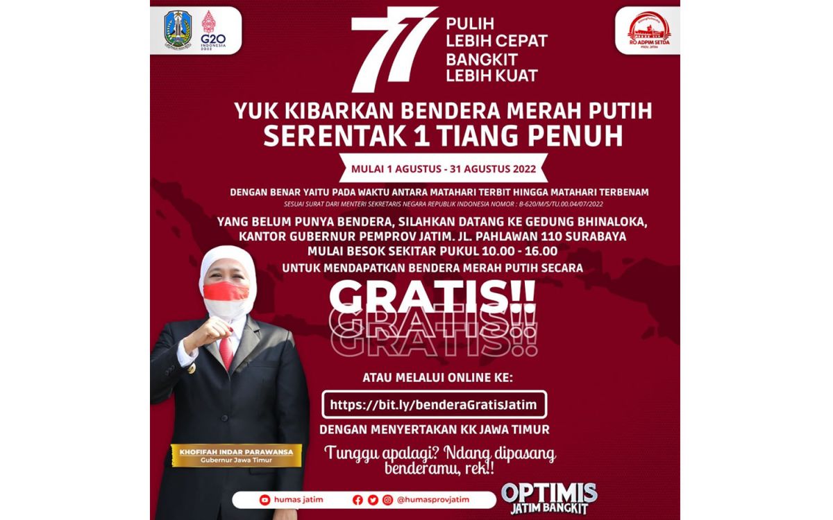 Khofifah Imbau Warga Kibarkan Merah Putih Satu Tiang Penuh Hingga 31 Agustus