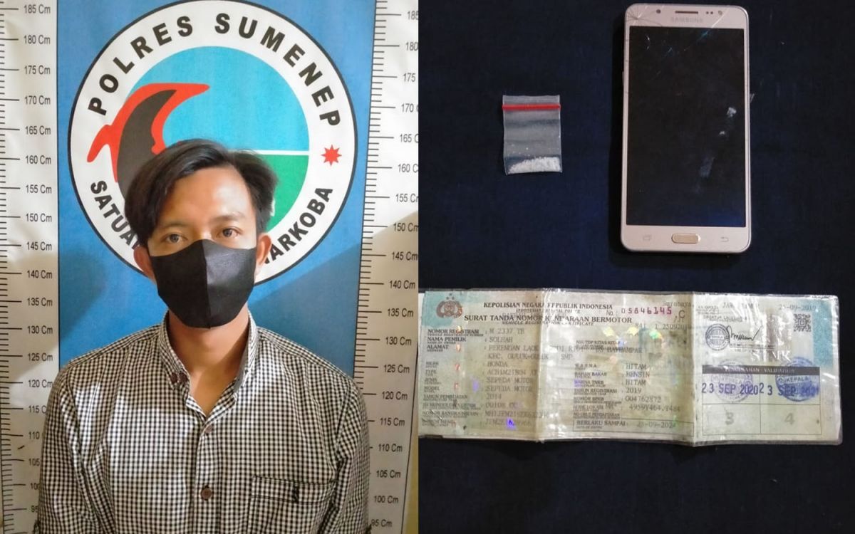 Kolase pemuda dan barang bukti narkoba yang dibawanya (Foto: Humas Polres Sumenep for jatimnow.com)