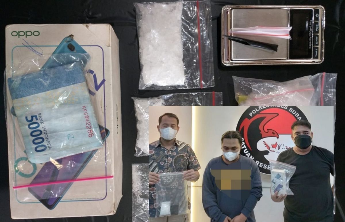 Tersangka beserta barang bukti diamankan polisi. (Foto: Satnarkoba Polrestabes Surabaya)