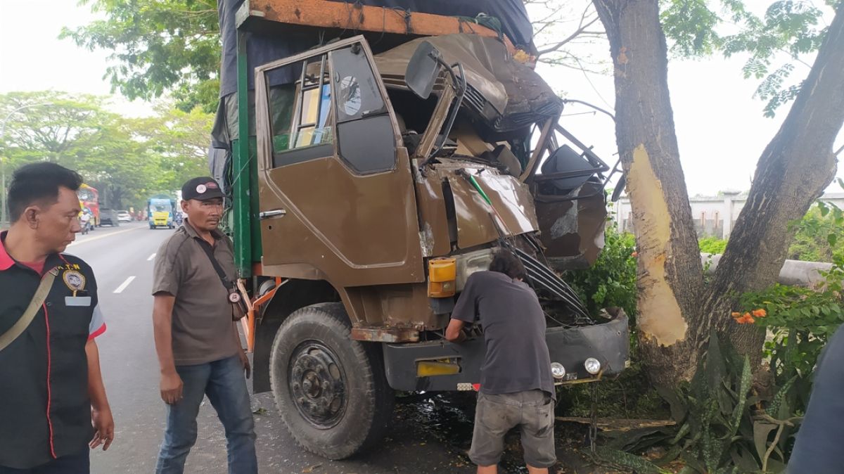 Truk bermuatan karton dari Pasuruan terhenti karena menabrak pohon di area black spot Lamongan.(Foto: Adyad Ammy Iffansah/jatimnow.com)
