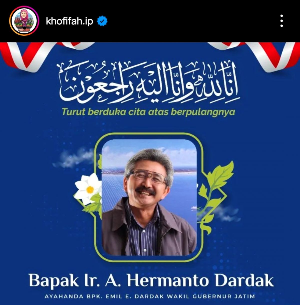 Ucapan duka dari Khofifah Indar Parawansa.(Foto: IG @khofifah.ip )