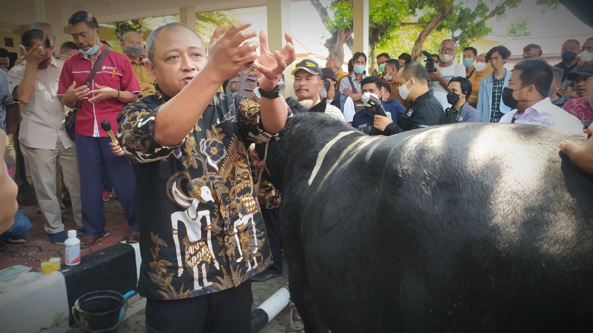 drh. Indro Cahyono saat bertatapan dengan peternak Lamongan untuk menyosialisasikan pencegahan dini PMK.(Foto: Dok. Adyad Ammy Iffansah/jatimnow.com)