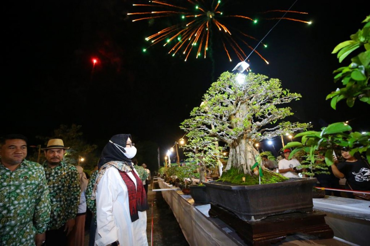 Bupati Banyuwangi Ipuk Fiestiandani yang turut menyaksikan pameran bonsai. (Foto: Humas Pemkab Banyuwangi)