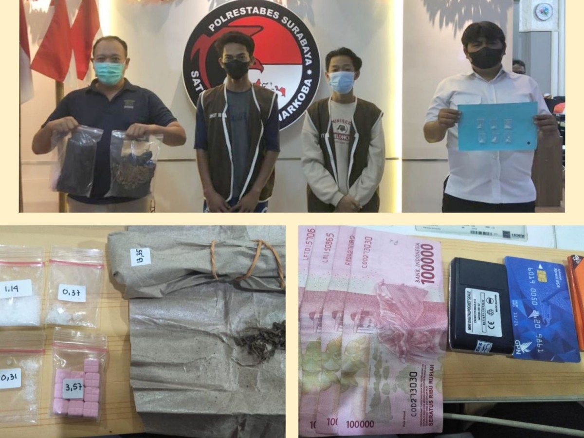 Kolase dua pemuda yang terlibat peredaran narkoba dan barang bukti diamankan (Foto: Satresnarkoba Polrestabes Surabaya)