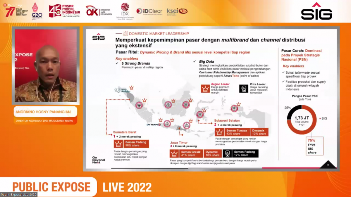 Direktur Keuangan dan Manajemen Risiko SIG, Andriano Hosny Panangian memberikan paparan pada acara Public Expose Live 2022. (Foto: SIG for jatimnow.com)