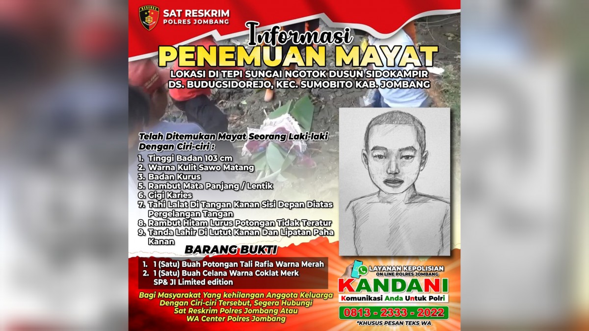 Sketsa wajah dan ciri-ciri balita yang ditemukan tewas di tepi Sungai Sidokampir. (Foto: Polres Jombang/jatimnow.com)