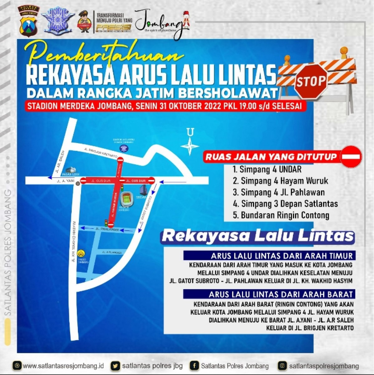 Pamflet rekayasa arus lalu lintas yang dilakukan Polantas.(Foto: Satlantas Polres Jombang)