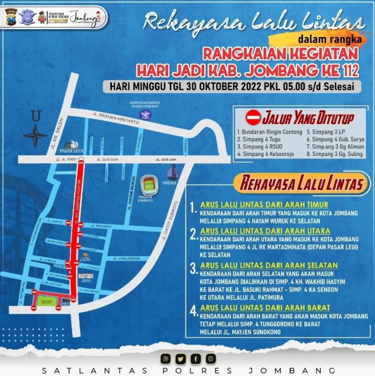 Peringatan Hari Jadi Pemkab Jombang, 8 Jalan Ditutup, Ini Jalur Alternatifnya