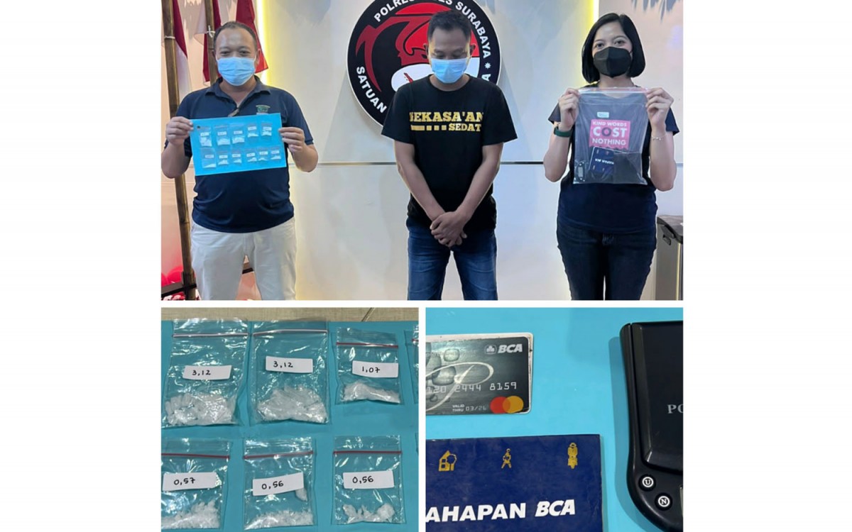 Satpam yang terlibat peredaran narkoba diamankan bersama barang bukti (Foto: Satresnarkoba Polrestabes Surabaya)