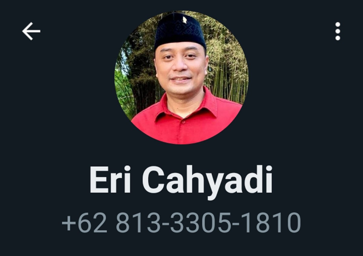 Tangkapan layar nomor WhatsApp yang mengaku sebagai Wali Kota Surabaya Eri Cahyadi (Foto: Humas Pemkot/jatimnow.com)