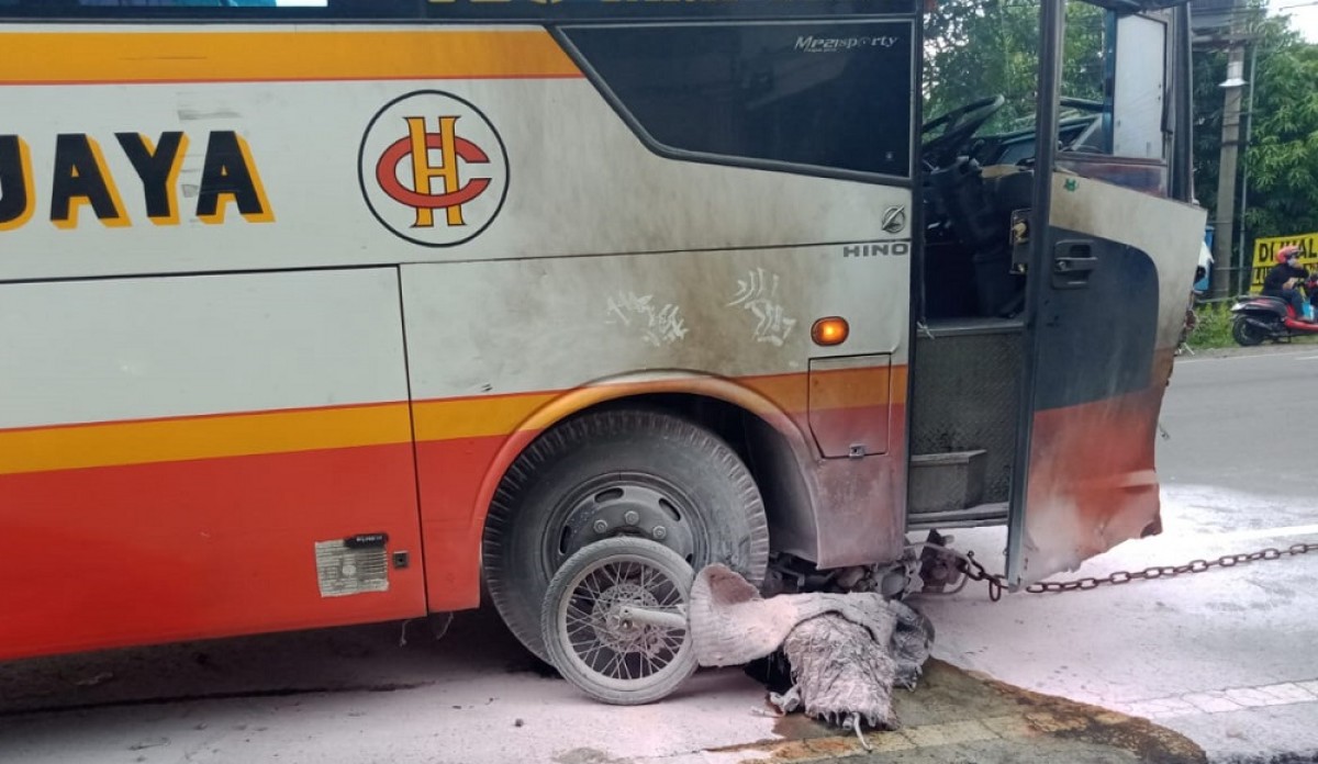 Bus Harapan Jaya yang menabrak pemotor di Jombang. (foto: Satlantas Polres Jombang/jatimow.com)