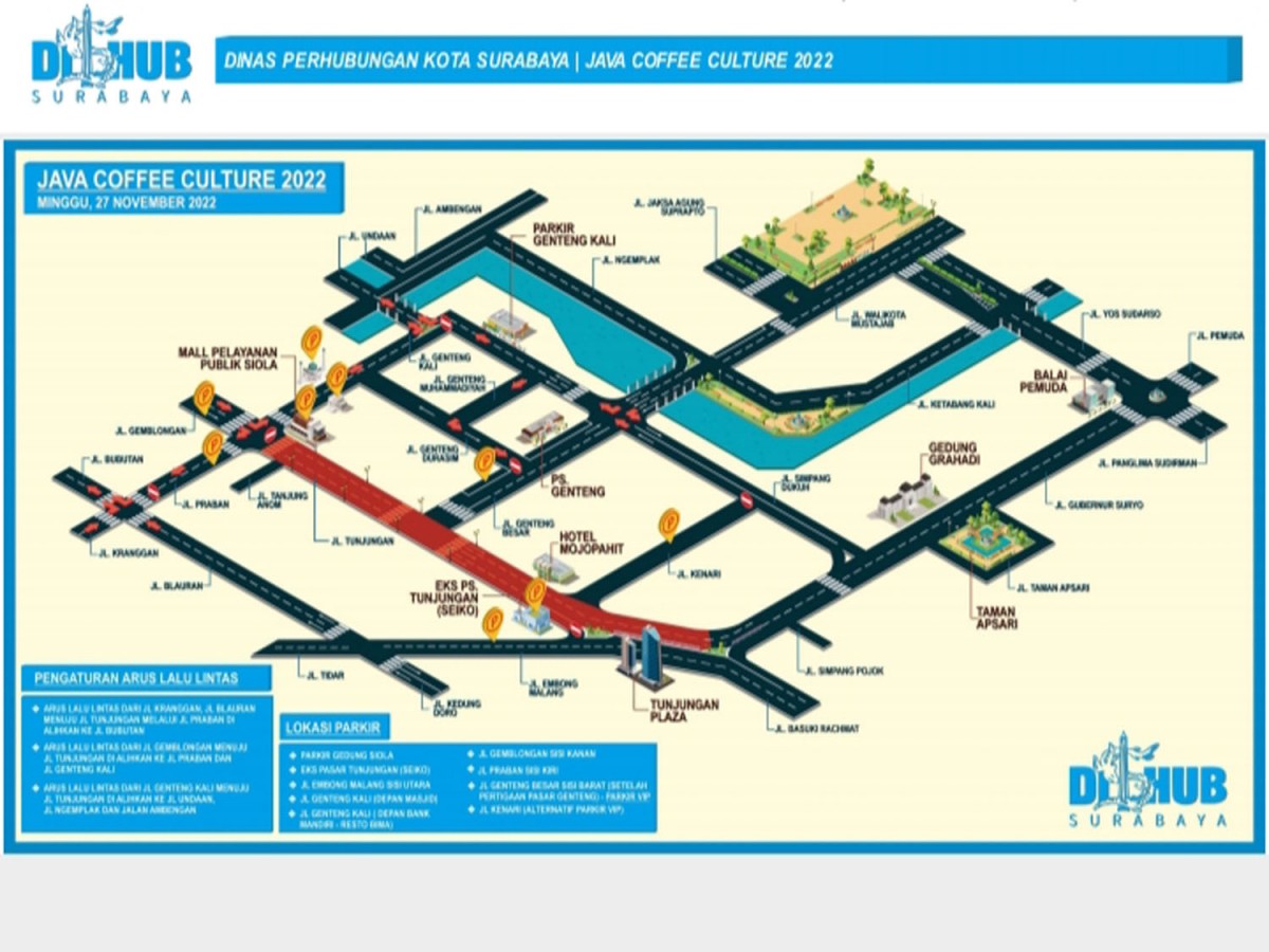 Peta pengalihan arus lalu lintas selama event Java Coffee Culture 2022 Jalan Tunjungan Surabaya (Foto: Dok. Dishub Kota Surabaya/jatimnow.com)