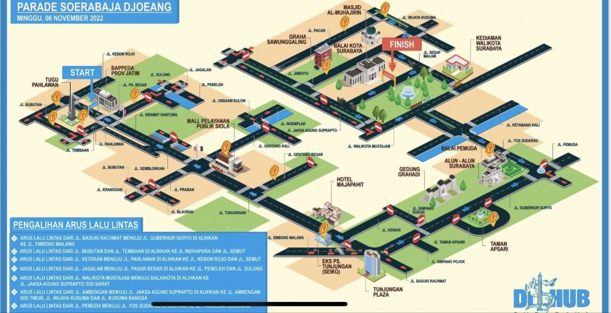 Pengalihan arus lalu lintas selama Parade Surabaya Juang yang digelar Minggu (6/11/2022) - (Foto: Dishub Surabaya)