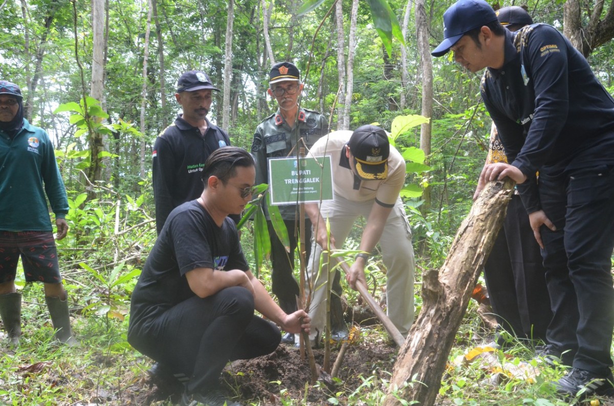 Bupati Trenggalek Mas Ipin saat menanam pohon untuk melestarikan sekaligus menjaga keseimbangan alam. (foto: Kominfo Trenggalek for jatimnow.com)